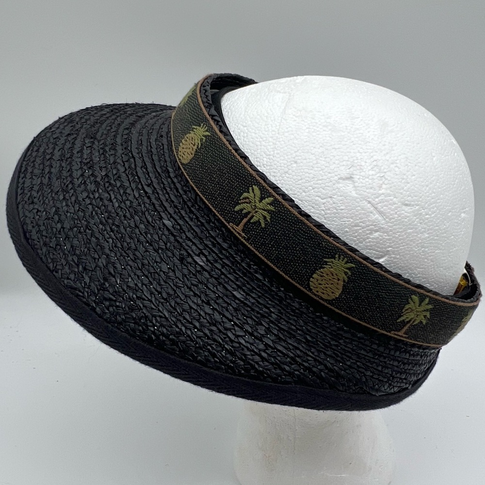 Scala Collezione Black Straw Visor with Pineapple & Palm Tree Embroidery - OS